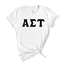 Load image into Gallery viewer, Alpha Sigma Tau T-Shirt | Alpha Tau Basic Black Letters Shirt | Alpha Sigma Tau Sorority Gift Idea - Kite and Crest