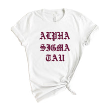 Load image into Gallery viewer, Alpha Sigma Tau T-Shirt | Alpha Tau Old Type Written Shirt | Alpha Sigma Tau Sorority Gift Idea - Kite and Crest