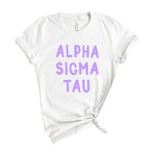 Load image into Gallery viewer, Alpha Sigma Tau T-shirt - Alpha Tau Purple Bubble Letters Tee - Kite and Crest