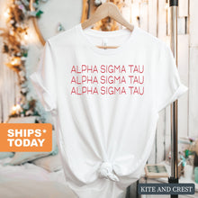 Load image into Gallery viewer, Alpha Sigma Tau T-Shirt | Alpha Tau Red and Stacked Shirt | Alpha Sigma Tau Sorority Gift Idea - Kite and Crest
