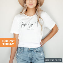 Load image into Gallery viewer, Alpha Sigma Tau T-shirt - Alpha Tau Sorority Alumna Tee - Kite and Crest