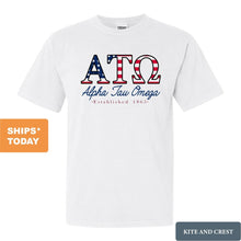 Load image into Gallery viewer, Alpha Tau Omega Comfort Colors T-Shirt - ATO American Flag Letters Shirt - Kite and Crest