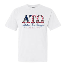 Load image into Gallery viewer, Alpha Tau Omega Comfort Colors T-Shirt - ATO American Flag Letters Shirt - Kite and Crest