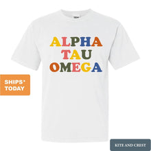 Load image into Gallery viewer, Alpha Tau Omega Comfort Colors T-Shirt - ATO Retro Letters Shirt - Kite and Crest