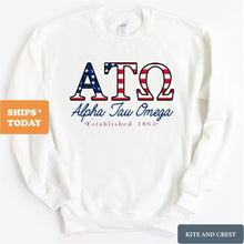 Load image into Gallery viewer, Alpha Tau Omega Sweatshirt - ATO American Flag Letters Crewneck Sweatshirt - Kite and Crest