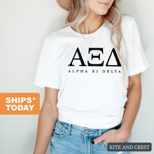 Load image into Gallery viewer, Alpha Xi Delta Block Letter Sorority T-Shirt - Kite and Crest