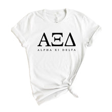 Load image into Gallery viewer, Alpha Xi Delta Block Letter Sorority T-Shirt - Kite and Crest