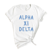 Load image into Gallery viewer, Alpha Xi Delta Blue Bubble Letter Sorority T-Shirt - Kite and Crest