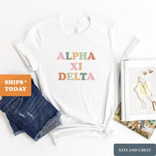 Load image into Gallery viewer, Alpha Xi Delta Bright and Colorful Sorority T-Shirt - Kite and Crest