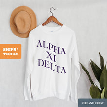 Load image into Gallery viewer, Alpha Xi Delta Sweatshirt | AXID Large and Wavy Letters Crewneck Sweatshirt | Alpha Xi Delta Sorority Gift Idea - Kite and Crest