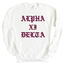 Load image into Gallery viewer, Alpha Xi Delta Sweatshirt | AXID Old Type Written Crewneck Sweatshirt | Alpha Xi Delta Sorority Gift Idea - Kite and Crest