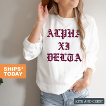 Load image into Gallery viewer, Alpha Xi Delta Sweatshirt | AXID Old Type Written Crewneck Sweatshirt | Alpha Xi Delta Sorority Gift Idea - Kite and Crest
