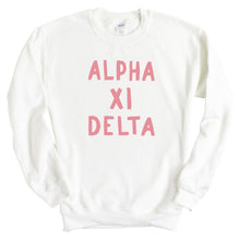 Load image into Gallery viewer, Alpha Xi Delta Sweatshirt | AXID Pink Bubble Letters Crewneck Sweatshirt | Alpha Xi Delta Sorority Gift Idea - Kite and Crest