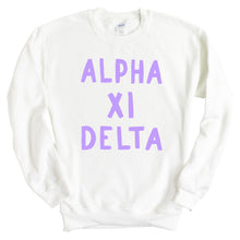 Load image into Gallery viewer, Alpha Xi Delta Sweatshirt - AXID Purple Bubble Letters Crewneck Sweatshirt - Kite and Crest