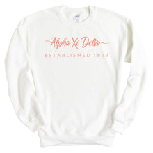 Load image into Gallery viewer, Alpha Xi Delta Sweatshirt | AXID White Script Letter Crewneck Sweatshirt | Alpha Xi Delta Sorority Gift Idea - Kite and Crest