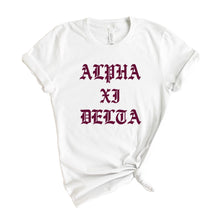 Load image into Gallery viewer, Alpha Xi Delta T-Shirt | AXID Old Type Written Shirt | Alpha Xi Delta Sorority Gift Idea - Kite and Crest