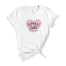 Load image into Gallery viewer, Alpha Xi Delta T-Shirt | AXID Pink Heart Shirt | Alpha Xi Delta Sorority Gift Idea - Kite and Crest