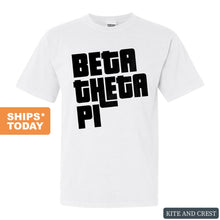 Load image into Gallery viewer, Beta Theta Pi Comfort Colors T-Shirt - Beta Stacked Letters Shirt - Kite and Crest