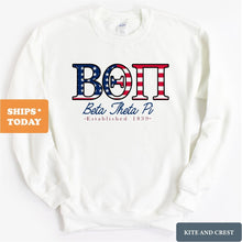 Load image into Gallery viewer, Beta Theta Pi Sweatshirt - Beta American Flag Letters Crewneck Sweatshirt - Kite and Crest