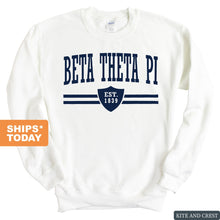 Load image into Gallery viewer, Beta Theta Pi Sweatshirt - Beta Striped Shield Crewneck Sweatshirt - Kite and Crest