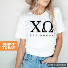 Load image into Gallery viewer, Chi Omega Block Letter Sorority T-Shirt - Kite and Crest