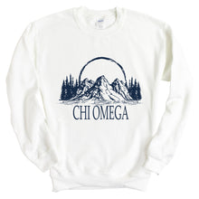 Load image into Gallery viewer, Chi Omega Sweatshirt | Chi O Epic Mountains Crewneck Sweatshirt | Chi Omega Sorority Gift Idea - Kite and Crest