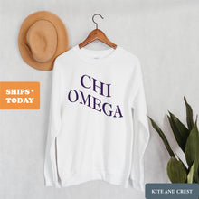 Load image into Gallery viewer, Chi Omega Sweatshirt | Chi O Large and Wavy Letters Crewneck Sweatshirt | Chi Omega Sorority Gift Idea - Kite and Crest