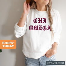 Load image into Gallery viewer, Chi Omega Sweatshirt | Chi O Old Type Written Crewneck Sweatshirt | Chi Omega Sorority Gift Idea - Kite and Crest