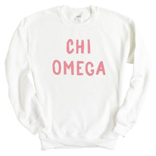 Load image into Gallery viewer, Chi Omega Sweatshirt | Chi O Pink Bubble Letters Crewneck Sweatshirt | Chi Omega Sorority Gift Idea - Kite and Crest