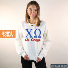Load image into Gallery viewer, Chi Omega Sweatshirt | Chi O Red and Blue Crewneck Sweatshirt | Chi Omega Sorority Gift Idea - Kite and Crest