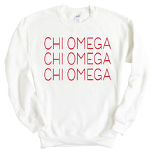 Load image into Gallery viewer, Chi Omega Sweatshirt | Chi O Red and Stacked Crewneck Sweatshirt | Chi Omega Sorority Gift Idea - Kite and Crest