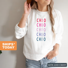 Load image into Gallery viewer, Chi Omega Sweatshirt - CHIO Bright and Stacked Crewneck Sweatshirt - Kite and Crest