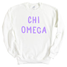 Load image into Gallery viewer, Chi Omega Sweatshirt - CHIO Purple Bubble Letters Crewneck Sweatshirt - Kite and Crest