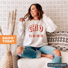 Load image into Gallery viewer, Chi Omega Sweatshirt - CHIO Red Arch Crewneck Sweatshirt - Kite and Crest