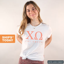 Load image into Gallery viewer, Chi Omega T-Shirt | CHI O Colored Block Letters Shirt | Chi Omega Sorority Gift Idea - Kite and Crest