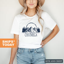 Load image into Gallery viewer, Chi Omega T-Shirt | CHI O Epic Mountains Shirt | Chi Omega Sorority Gift Idea - Kite and Crest