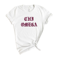 Load image into Gallery viewer, Chi Omega T-Shirt | CHI O Old Type Written Shirt | Chi Omega Sorority Gift Idea - Kite and Crest