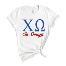 Load image into Gallery viewer, Chi Omega T-Shirt | CHI O Red and Blue Shirt | Chi Omega Sorority Gift Idea - Kite and Crest
