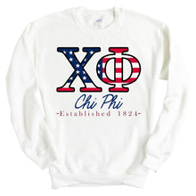 Load image into Gallery viewer, Chi Phi Sweatshirt - Chi Phi American Flag Letters Crewneck Sweatshirt - Kite and Crest