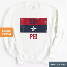 Load image into Gallery viewer, Chi Phi Sweatshirt - Chi Phi Colorful Stripe Crewneck Sweatshirt - Kite and Crest