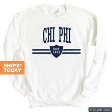 Load image into Gallery viewer, Chi Phi Sweatshirt - Chi Phi Striped Shield Crewneck Sweatshirt - Kite and Crest