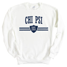 Load image into Gallery viewer, Chi Psi Striped Shield Sweatshirt - Fraternity Crewneck Sweatshirt - Kite and Crest