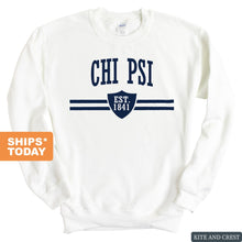 Load image into Gallery viewer, Chi Psi Striped Shield Sweatshirt - Fraternity Crewneck Sweatshirt - Kite and Crest