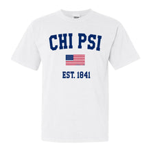 Load image into Gallery viewer, Chi Psi USA Flag Comfort Colors T-Shirt - Fraternity Tee - Kite and Crest