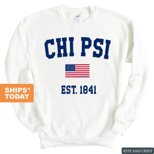 Load image into Gallery viewer, Chi Psi USA Flag Sweatshirt - Fraternity Crewneck Sweatshirt - Kite and Crest