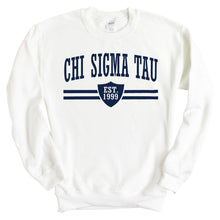 Load image into Gallery viewer, Chi Sigma Tau Striped Shield Sweatshirt - Fraternity Crewneck Sweatshirt - Kite and Crest