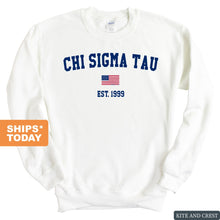 Load image into Gallery viewer, Chi Sigma Tau USA Flag Sweatshirt - Fraternity Crewneck Sweatshirt - Kite and Crest