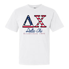 Load image into Gallery viewer, Delta Chi Comfort Colors T-Shirt - DCHI American Flag Letters Shirt - Kite and Crest