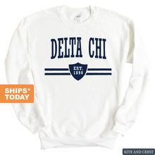Load image into Gallery viewer, Delta Chi Sweatshirt - D-Chi Striped Shield Crewneck Sweatshirt - Kite and Crest