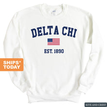 Load image into Gallery viewer, Delta Chi Sweatshirt - D-Chi USA Flag Crewneck Sweatshirt - Kite and Crest